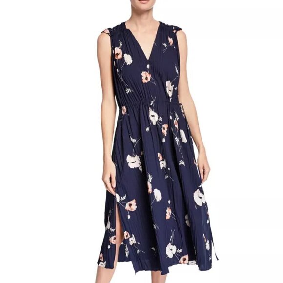 Vince Dresses & Skirts - Vince Navy Tossed Poppy Printed Pleated Sleeveless V-Neck Crepe Midi Dress XS